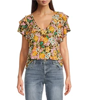 Democracy Petite Size Slub Jersey Knit Floral V-Neck Tiered Short Sleeve Top
