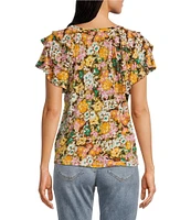 Democracy Petite Size Slub Jersey Knit Floral V-Neck Tiered Short Sleeve Top