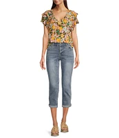 Democracy Petite Size Slub Jersey Knit Floral V-Neck Tiered Short Sleeve Top