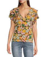 Democracy Petite Size Slub Jersey Knit Floral V-Neck Tiered Short Sleeve Top