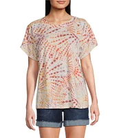 Democracy Petite Size Tie-Dye Knit Crew Neck Short Sleeve Boyfriend Tee Shirt