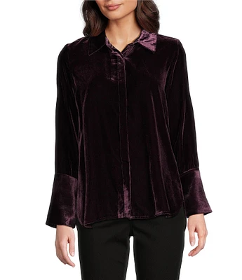 Democracy Petite Size Velvet Woven Point Collar Long Sleeve Button-Front Shirt