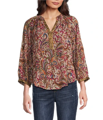 Democracy Petite Size Woven Floral Paisley Split V-Neck 3/4 Sleeve Top