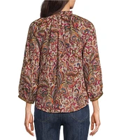 Democracy Petite Size Woven Floral Paisley Split V-Neck 3/4 Sleeve Top