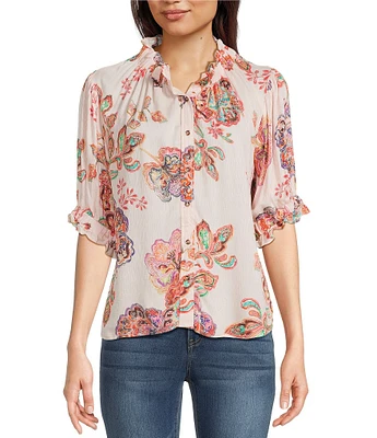 Democracy Petite Size Woven Floral Paisley Split V-Neck Elbow Sleeve Button-Front Top
