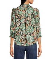Democracy Petite Size Woven Floral Print V-Neck 3/4 Ruffle Edge Sleeve Top