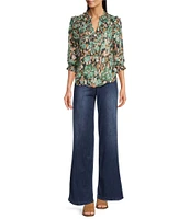 Democracy Petite Size Woven Floral Print V-Neck 3/4 Ruffle Edge Sleeve Top