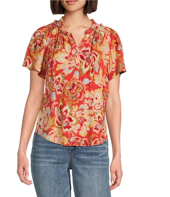 Democracy Petite Size Woven Floral Ruffled Trim Split-V Neck Short Bell Sleeve Top