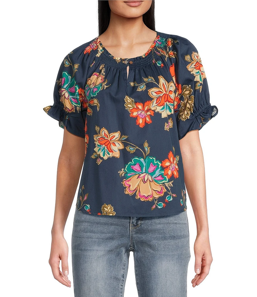 Democracy Petite Size Woven Floral Split Smock Neck Short Sleeve Top