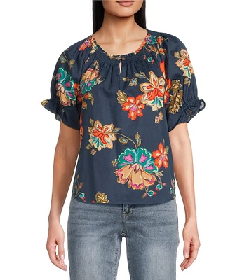 Democracy Petite Size Woven Floral Split Smock Neck Short Sleeve Top
