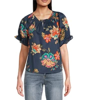 Democracy Petite Size Woven Floral Split Smock Neck Short Sleeve Top