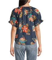 Democracy Petite Size Woven Floral Split Smock Neck Short Sleeve Top