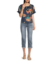 Democracy Petite Size Woven Floral Split Smock Neck Short Sleeve Top