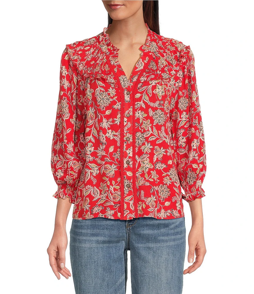 Democracy Petite Size Woven Floral Split V-Neck 3/4 Blouson Sleeve Lace Inset Ruffle Trim Button-Front Top