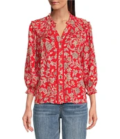 Democracy Petite Size Woven Floral Split V-Neck 3/4 Blouson Sleeve Lace Inset Ruffle Trim Button-Front Top