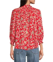 Democracy Petite Size Woven Floral Split V-Neck 3/4 Blouson Sleeve Lace Inset Ruffle Trim Button-Front Top