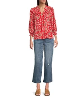 Democracy Petite Size Woven Floral Split V-Neck 3/4 Blouson Sleeve Lace Inset Ruffle Trim Button-Front Top