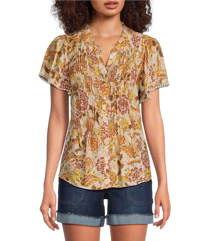 Democracy Petite Size Woven Floral Split V-Neck Short Sleeve Ruched Button-Front Top