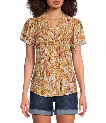Democracy Petite Size Woven Floral Split V-Neck Short Sleeve Ruched Button-Front Top