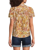 Democracy Petite Size Woven Floral Split V-Neck Short Sleeve Ruched Button-Front Top