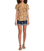 Democracy Petite Size Woven Floral Split V-Neck Short Sleeve Ruched Button-Front Top