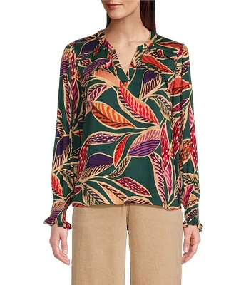 Democracy Petite Size Woven Leaf Print Double Ruffle Yoke Notch V-Neck Long Sleeve Top