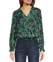 Democracy Petite Size Woven Leaf Print Surplice V-Neck Long Blouson Sleeve Overlap Top