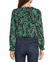 Democracy Petite Size Woven Leaf Print Surplice V-Neck Long Blouson Sleeve Overlap Top