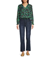 Democracy Petite Size Woven Leaf Print Surplice V-Neck Long Blouson Sleeve Overlap Top