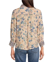 Democracy Petite Size Woven Printed Spread Collar 3/4 Sleeve Pintuck Detail Button Front Shirt