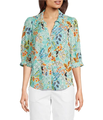Democracy Petite Size Woven Tropical Print Split V-Neck Elbow Sleeve Button Front Top