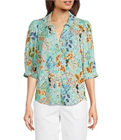 Democracy Petite Size Woven Tropical Print Split V-Neck Elbow Sleeve Button Front Top