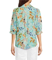 Democracy Petite Size Woven Tropical Print Split V-Neck Elbow Sleeve Button Front Top