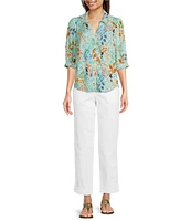Democracy Petite Size Woven Tropical Print Split V-Neck Elbow Sleeve Button Front Top