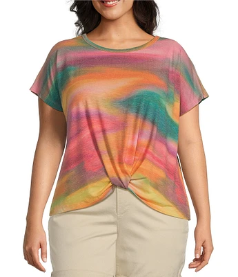 Democracy Plus Size Abstract Tie Dye Print Crew Neck Short Sleeve Twist Front Hem Knit Top