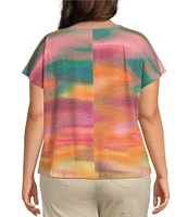 Democracy Plus Size Abstract Tie Dye Print Crew Neck Short Sleeve Twist Front Hem Knit Top