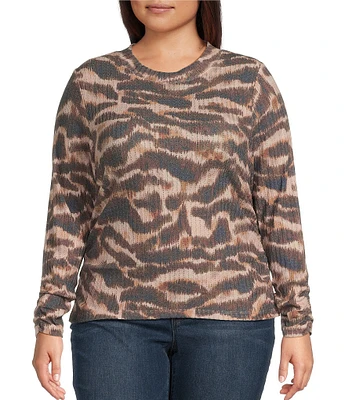 Democracy Plus Size Animal Print Crew Neck Ruched Long Sleeve Knit Top