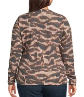 Democracy Plus Size Animal Print Crew Neck Ruched Long Sleeve Knit Top