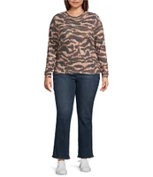 Democracy Plus Size Animal Print Crew Neck Ruched Long Sleeve Knit Top