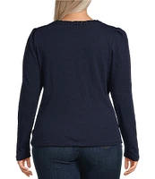 Democracy Plus Size Crew Neck Long Sleeve Soutache Side Ruched Detail Knit Top