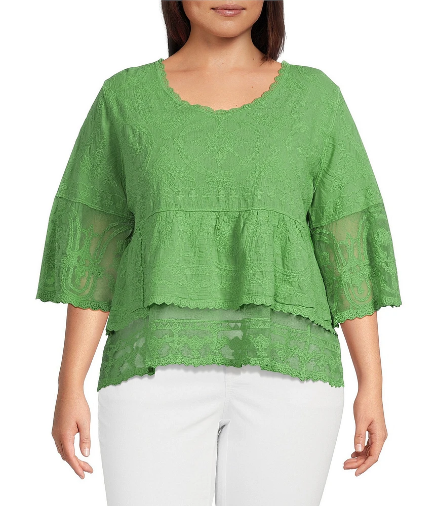 Democracy Plus Size Embriordered Double Layer Scoop Neck 3/4 Sleeve Peplum Top