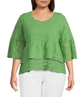 Democracy Plus Size Embriordered Double Layer Scoop Neck 3/4 Sleeve Peplum Top