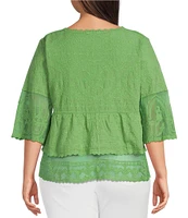 Democracy Plus Size Embriordered Double Layer Scoop Neck 3/4 Sleeve Peplum Top
