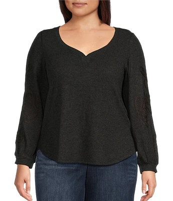 Democracy Plus Size Embroidered Die-Cut Long Blouson Sleeve Sweetheart Neck Knit Top