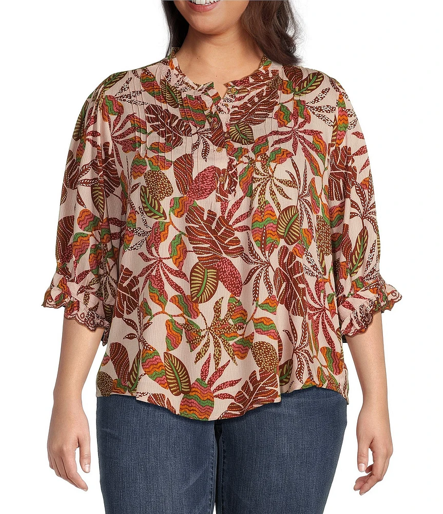 Democracy Plus Size Embroidered Leaf Print Round Ruffle Neck Elbow Sleeve Pintuck Woven Top