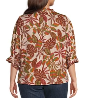 Democracy Plus Size Embroidered Leaf Print Round Ruffle Neck Elbow Sleeve Pintuck Woven Top