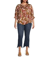 Democracy Plus Size Embroidered Leaf Print Round Ruffle Neck Elbow Sleeve Pintuck Woven Top