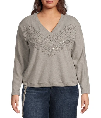 Democracy Plus Size Embroidered Sequin V-Neck Long Sleeve Knit Top