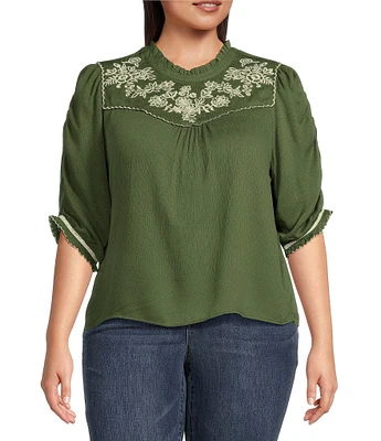 Democracy Plus Size Embroidered Yoke Woven Round Neck Elbow Sleeve Ruffle Trim Top