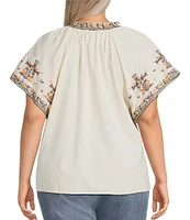 Democracy Plus Size Floral Embroidered Ruffle Split V-Neck Short Batwing Sleeve Top
